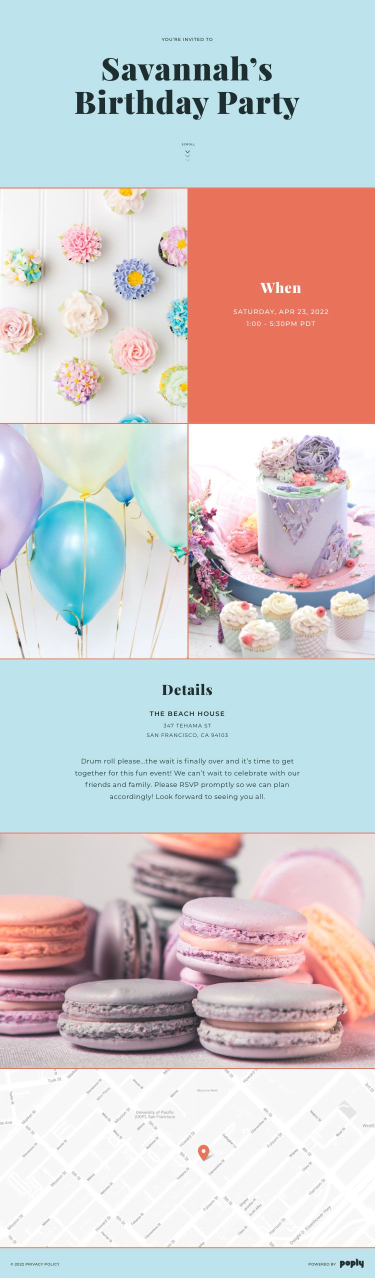 A Poply online invitation using a blue and orange color theme