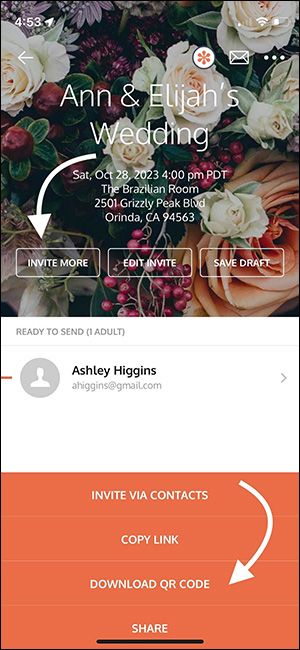 A screen shot of Poply online invitation maker showing how to access an invitation's QR code.