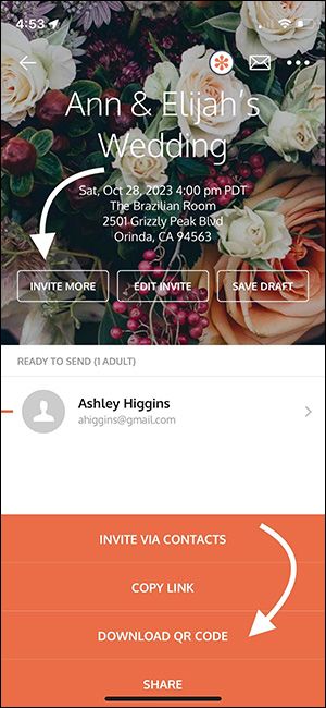 How do I use a QR code to invite guests to my wedding event?